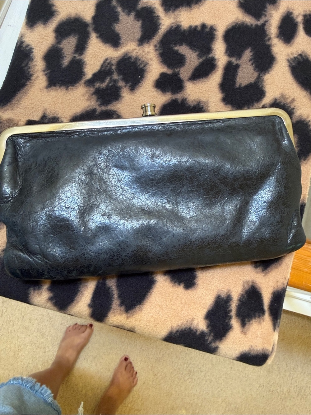 HOBO Lauren Black Leather Clutch/Wallet- silver hardware